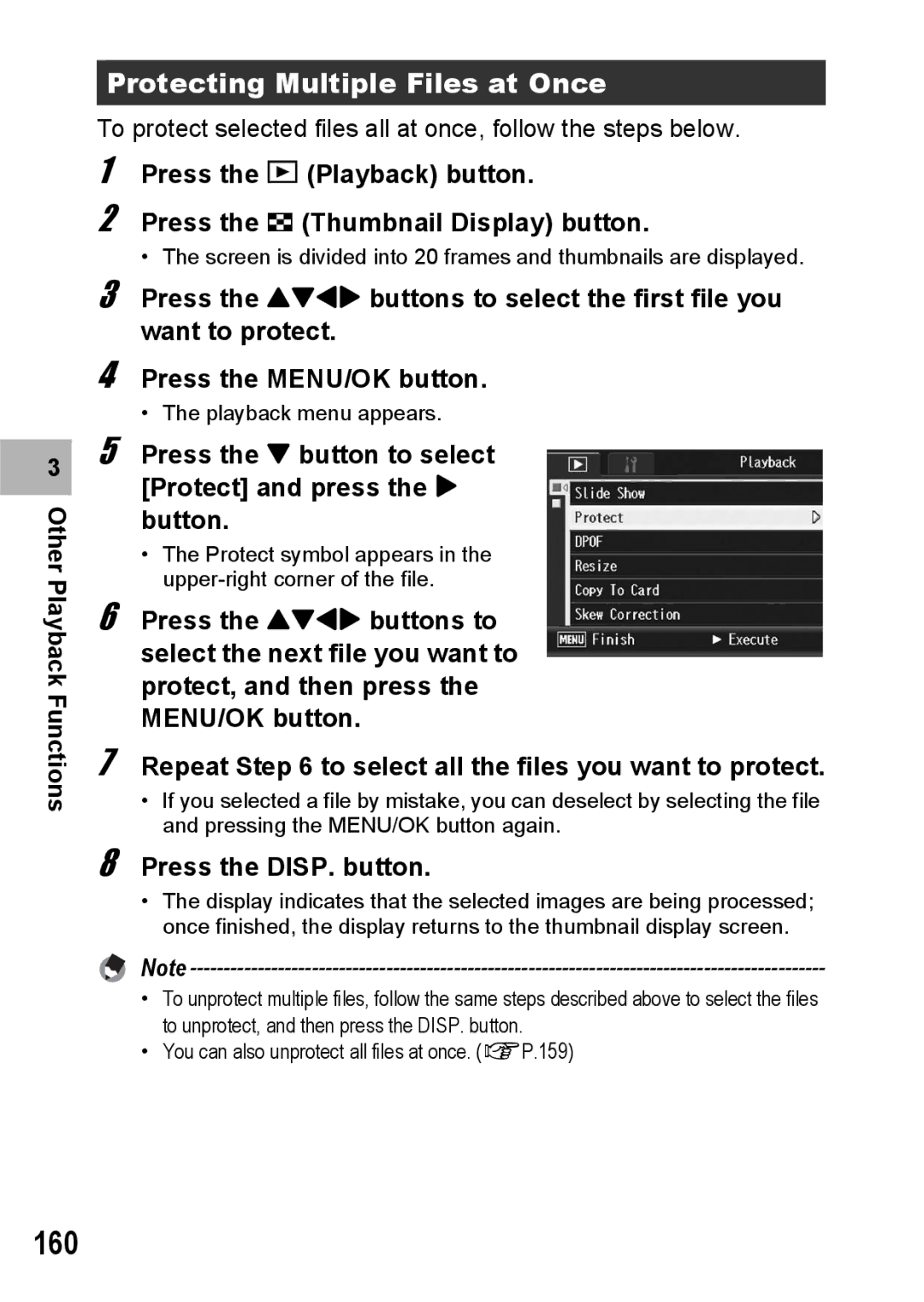 Ricoh GX200 manual 160, Protecting Multiple Files at Once, Press the button to select Protect and press the $ button 