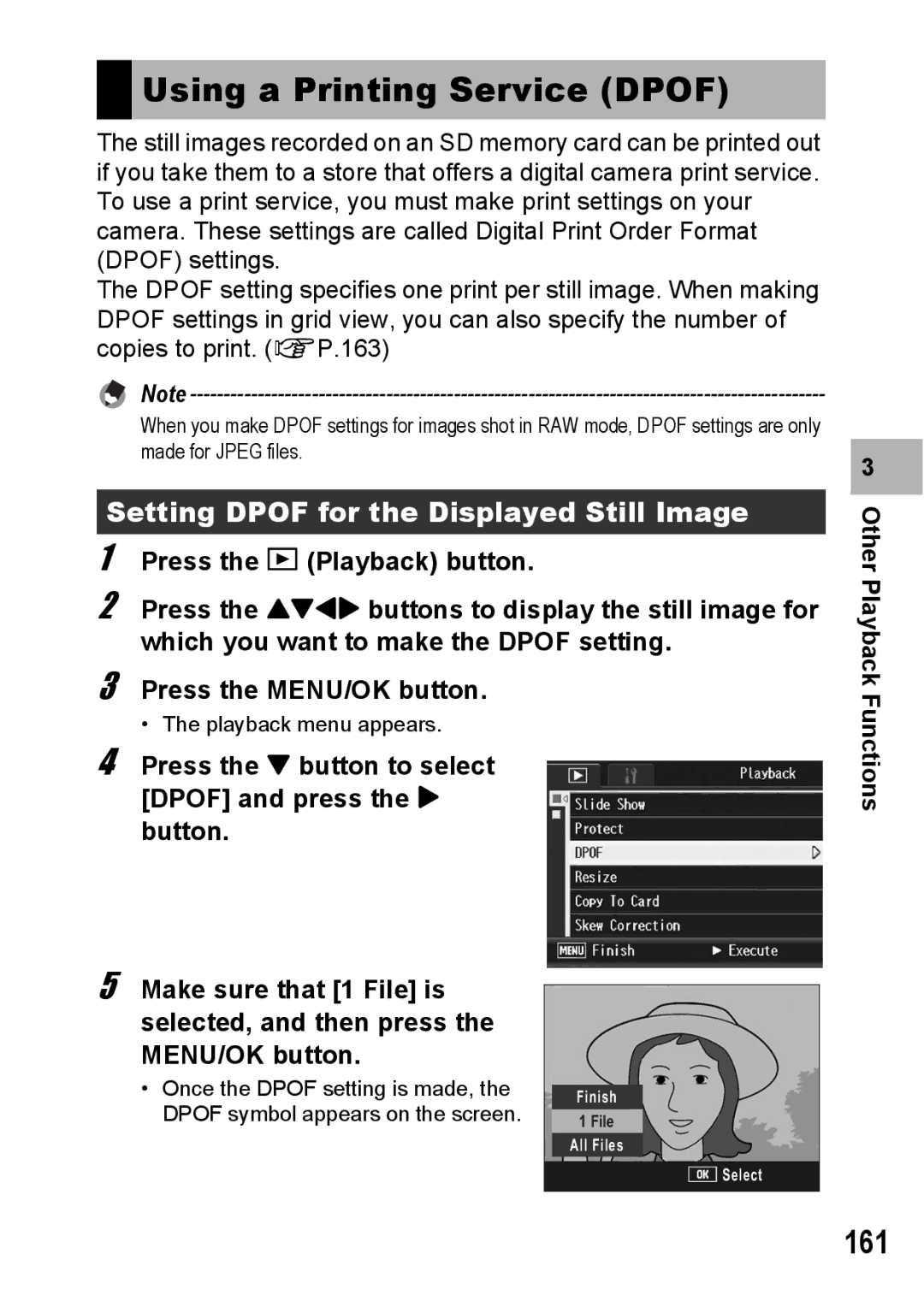 Ricoh GX200 manual Using a Printing Service Dpof, 161, Setting Dpof for the Displayed Still Image 