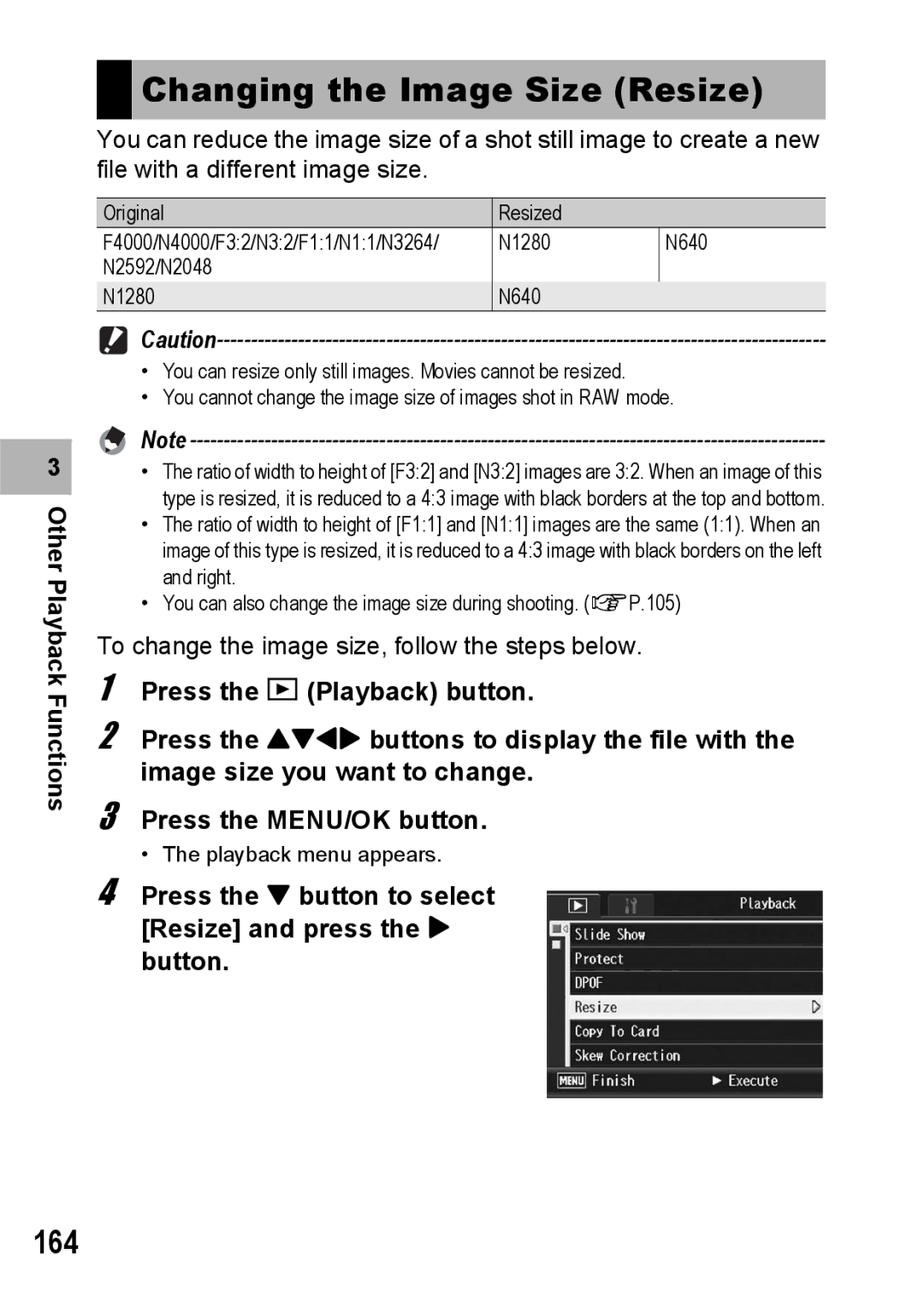 Ricoh GX200 manual Changing the Image Size Resize, 164, Press the button to select Resize and press the $ button 