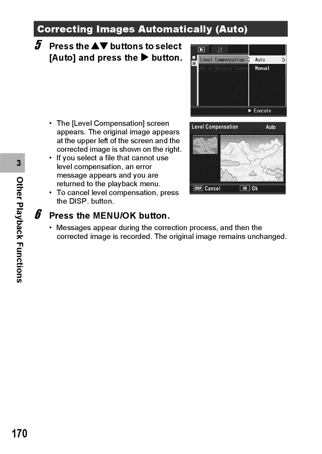 Ricoh GX200 manual 170, Correcting Images Automatically Auto, Press the ! buttons to select Auto and press the $ button 