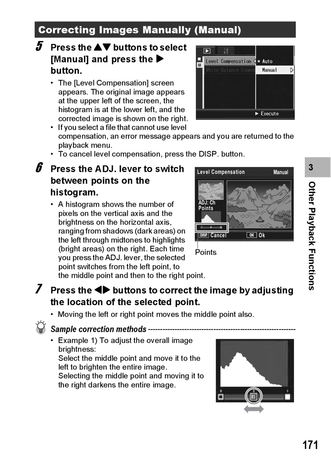 Ricoh GX200 manual 171, Correcting Images Manually Manual, Press the ! buttons to select Manual and press the $ button 