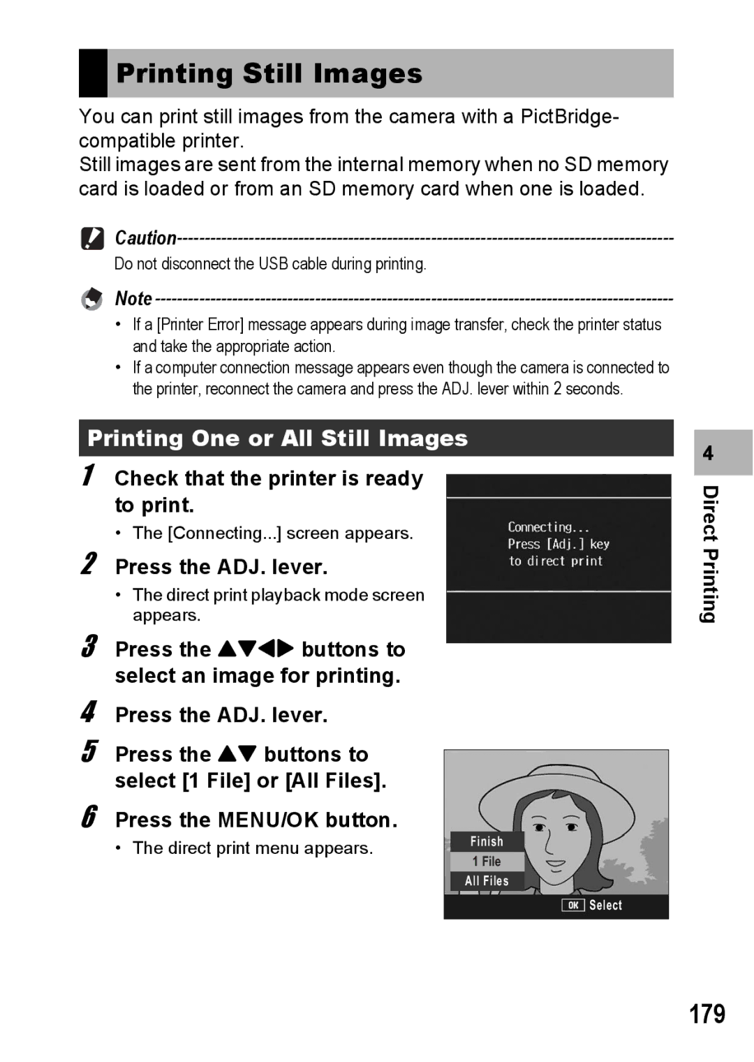 Ricoh GX200 manual Printing Still Images, 179, Printing One or All Still Images, Check that the printer is ready to print 