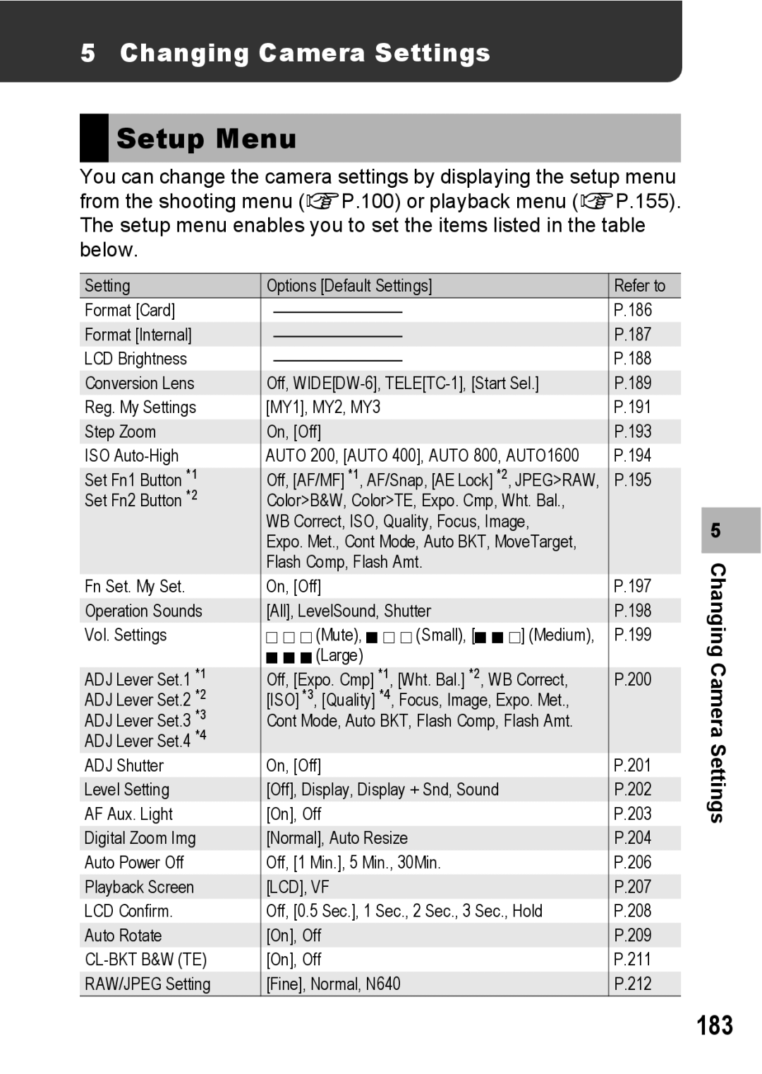 Ricoh GX200 manual Setup Menu, 183, Changing Camera Settings 