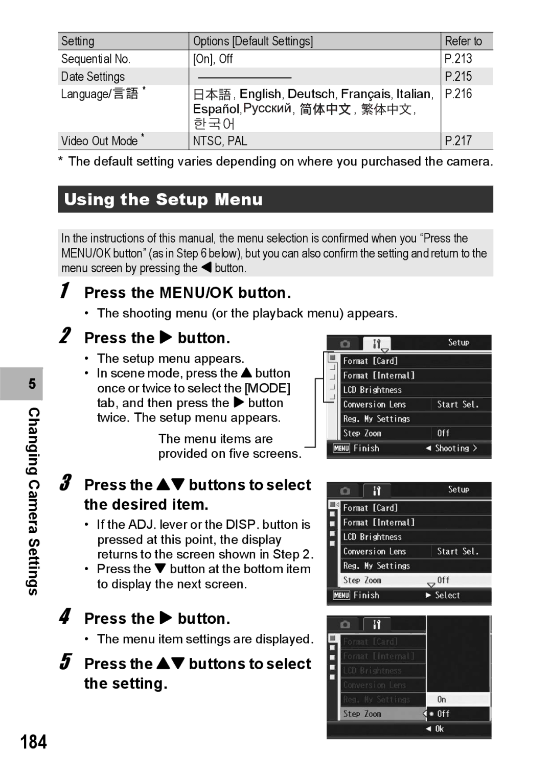 Ricoh GX200 manual 184, Using the Setup Menu, Press the ! buttons to select the setting 