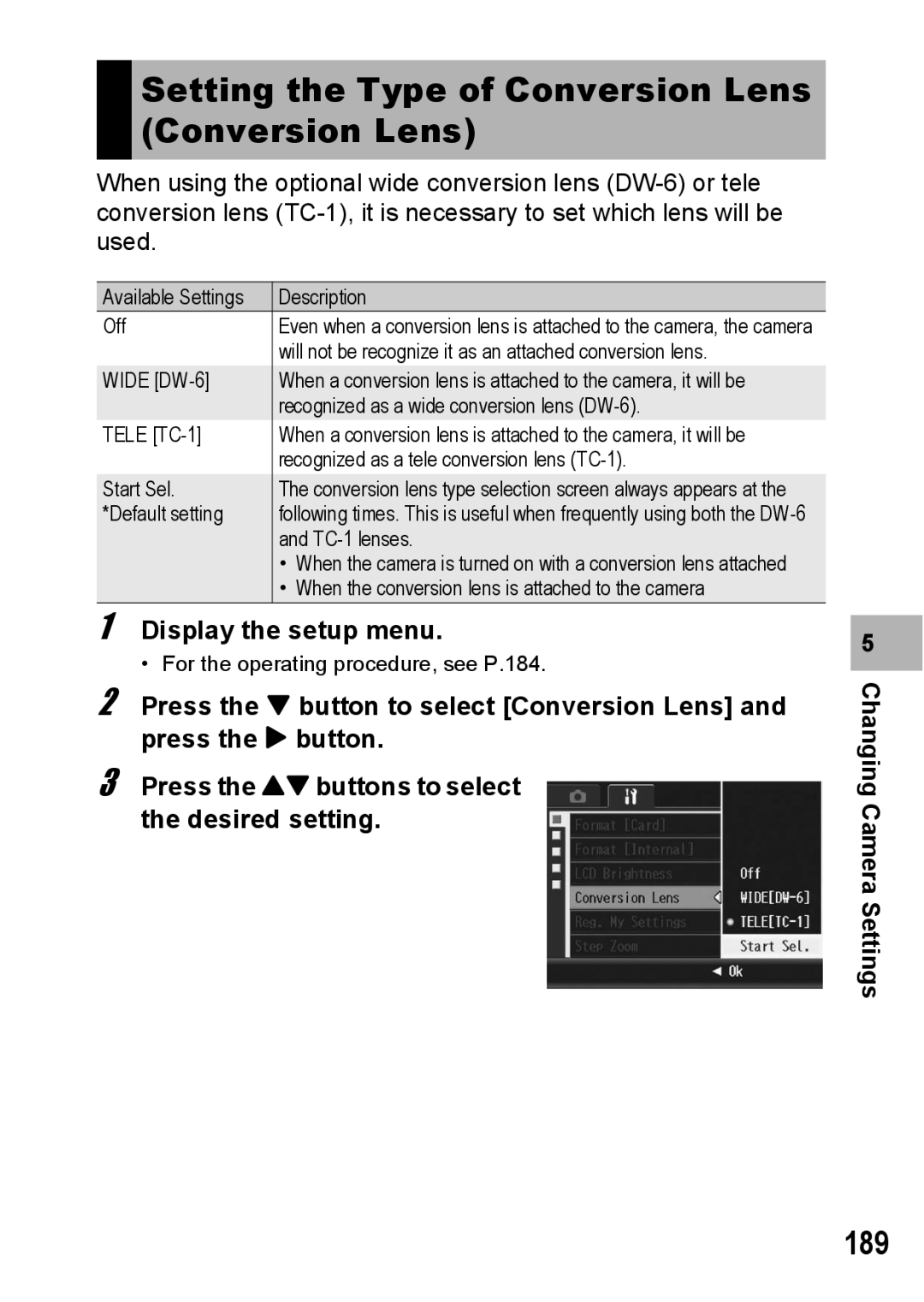 Ricoh GX200 manual Setting the Type of Conversion Lens Conversion Lens, 189 