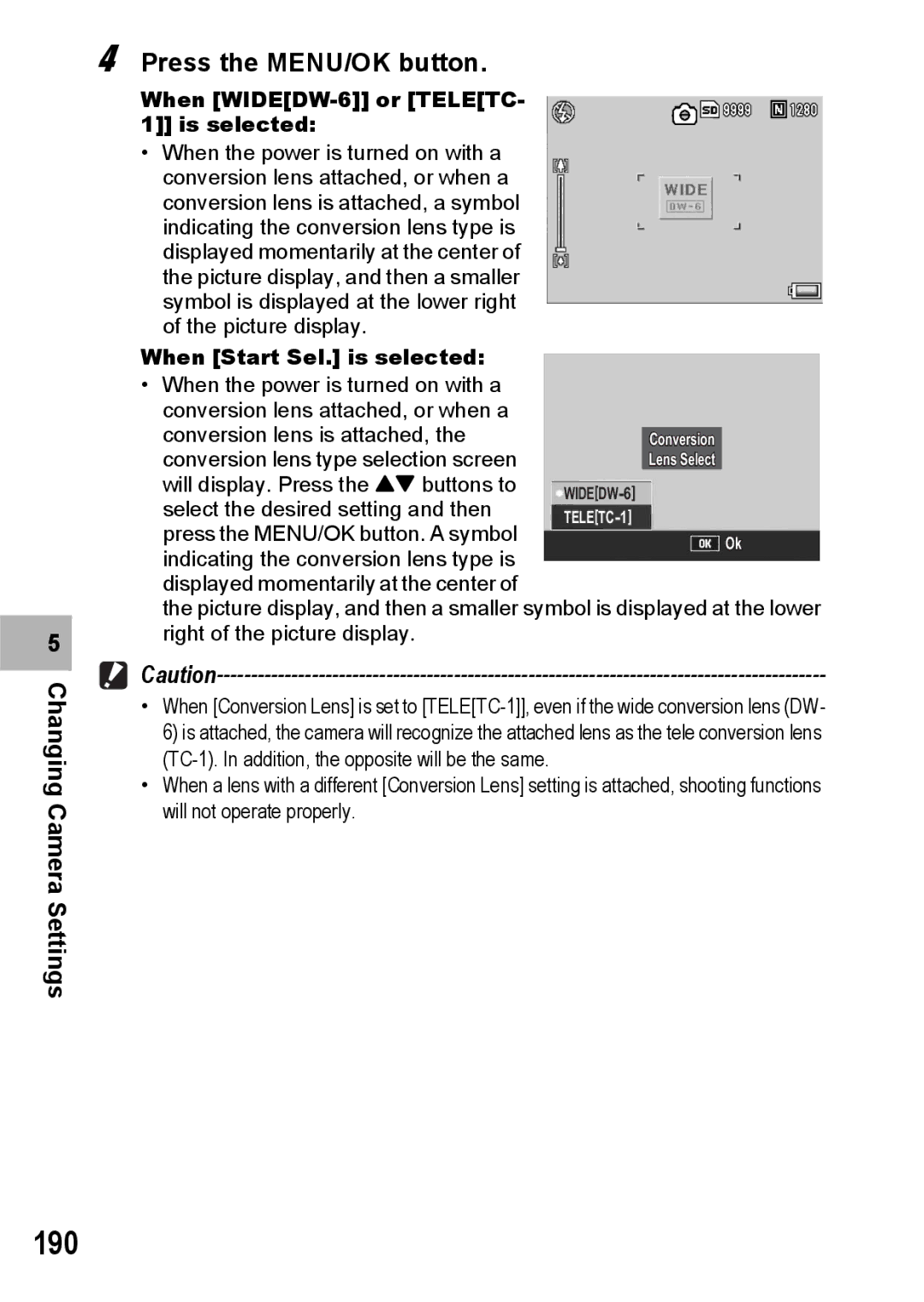 Ricoh GX200 manual 190, Changing Camera Settings Press the MENU/OK button 