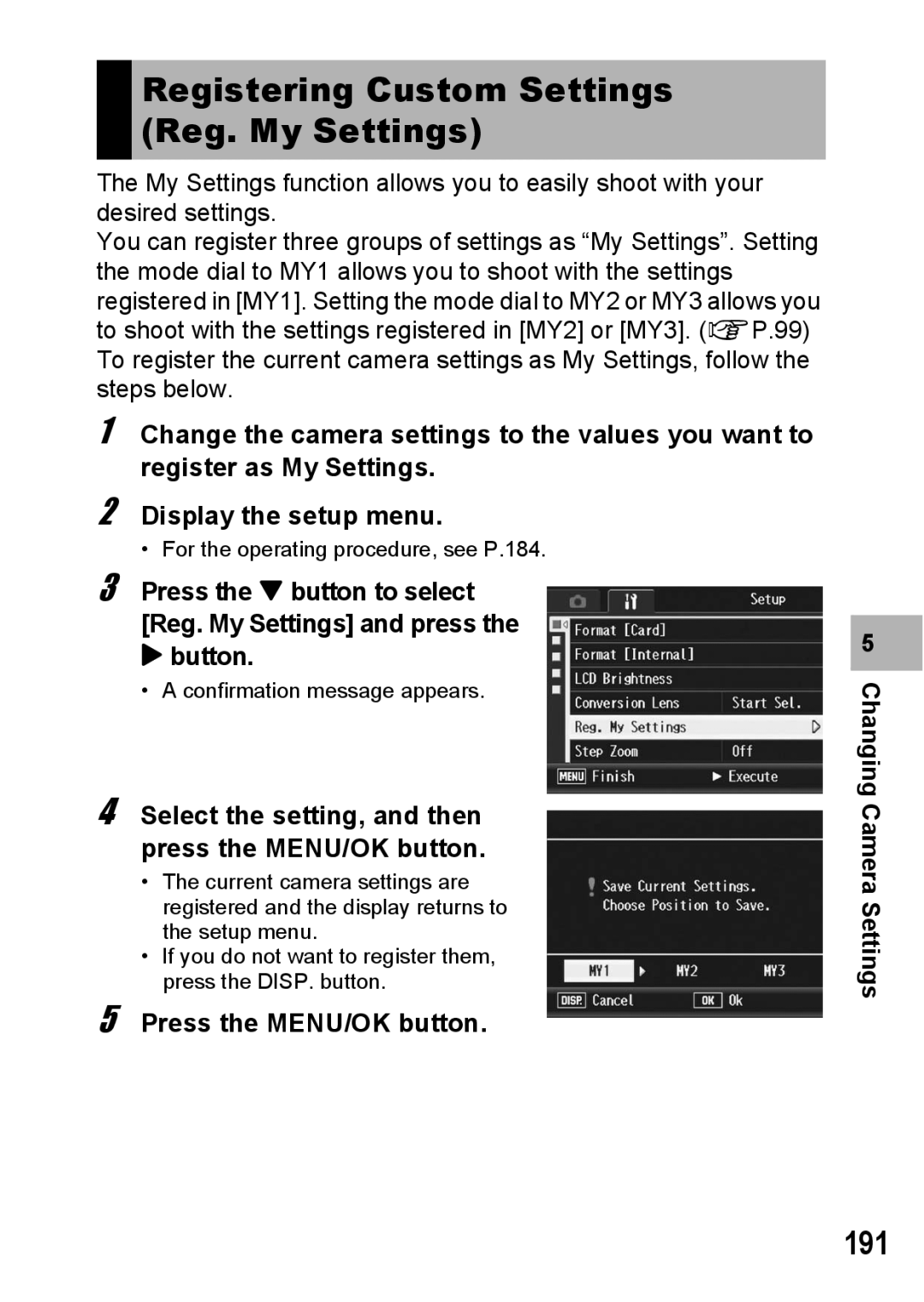 Ricoh GX200 manual Registering Custom Settings Reg. My Settings, 191, Select the setting, and then press the MENU/OK button 