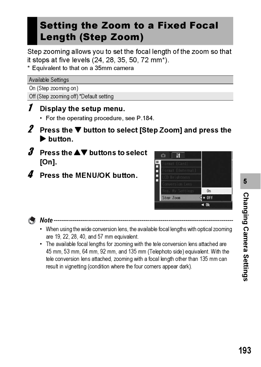 Ricoh GX200 manual Setting the Zoom to a Fixed Focal Length Step Zoom, 193 