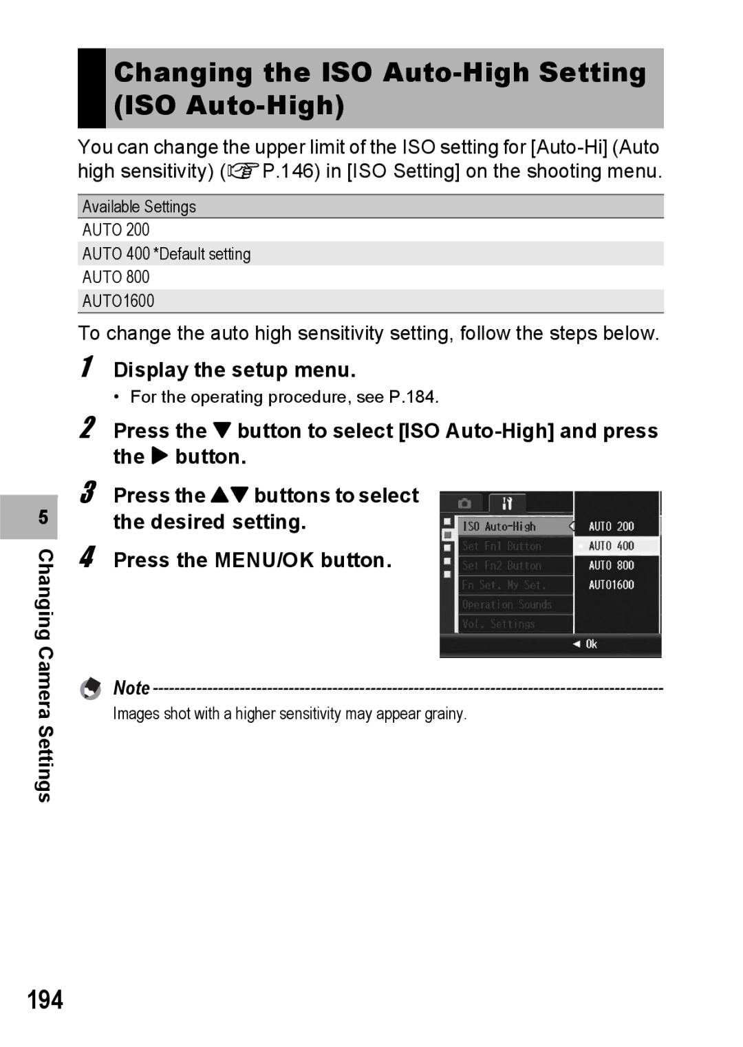 Ricoh GX200 manual Changing the ISO Auto-High Setting ISO Auto-High, 194 