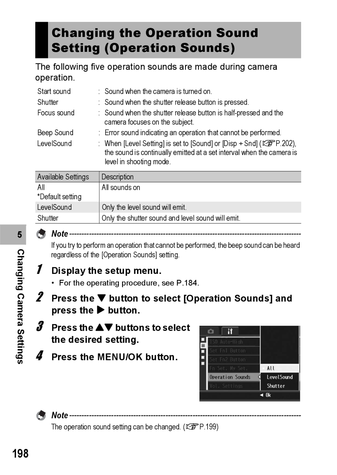 Ricoh GX200 manual 198, Changing the Operation Sound Setting Operation Sounds 