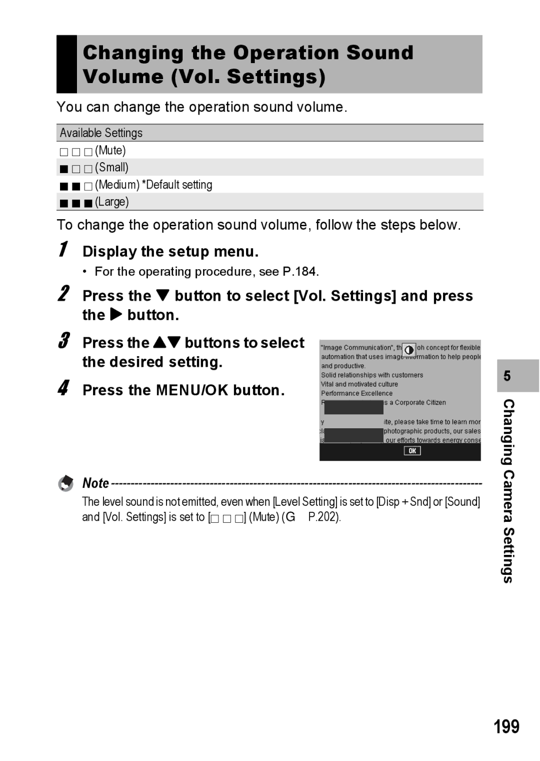 Ricoh GX200 manual Changing the Operation Sound Volume Vol. Settings, 199 