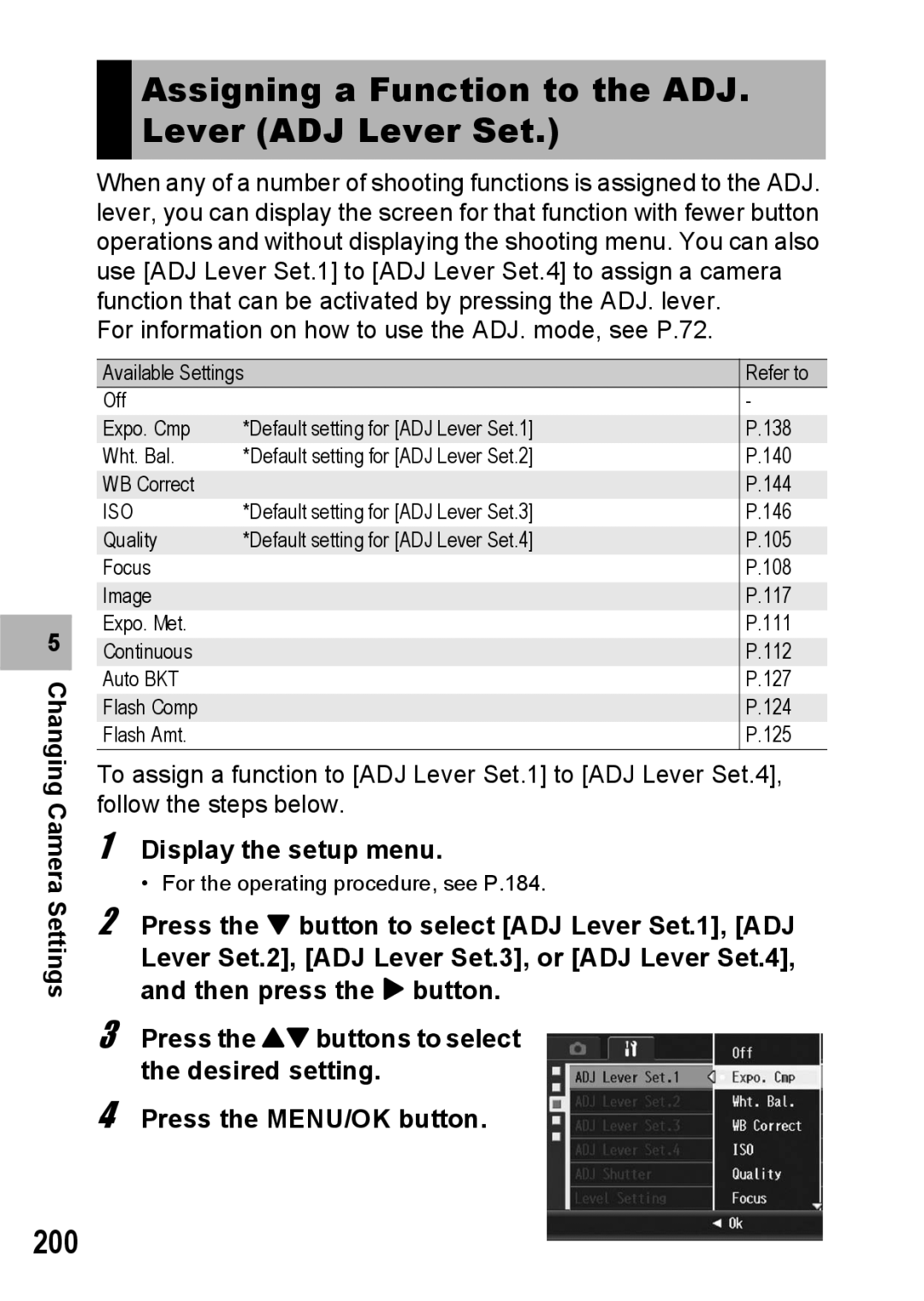 Ricoh GX200 manual Assigning a Function to the ADJ. Lever ADJ Lever Set 