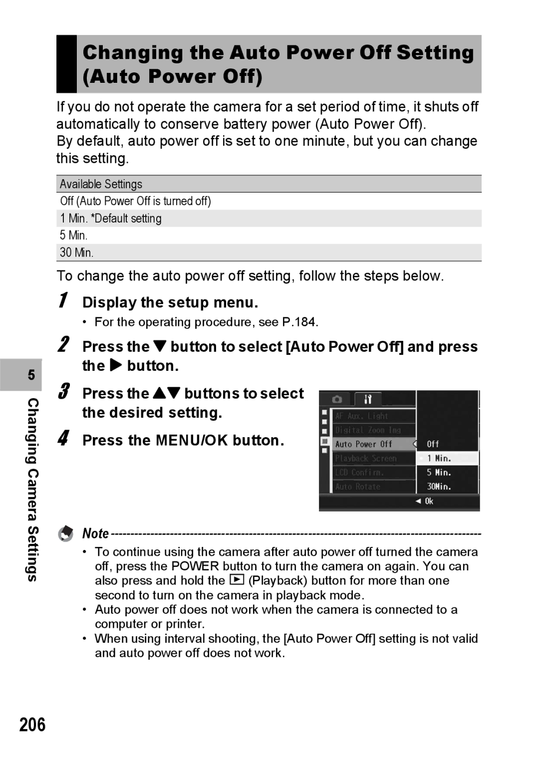 Ricoh GX200 manual Changing the Auto Power Off Setting Auto Power Off, 206 