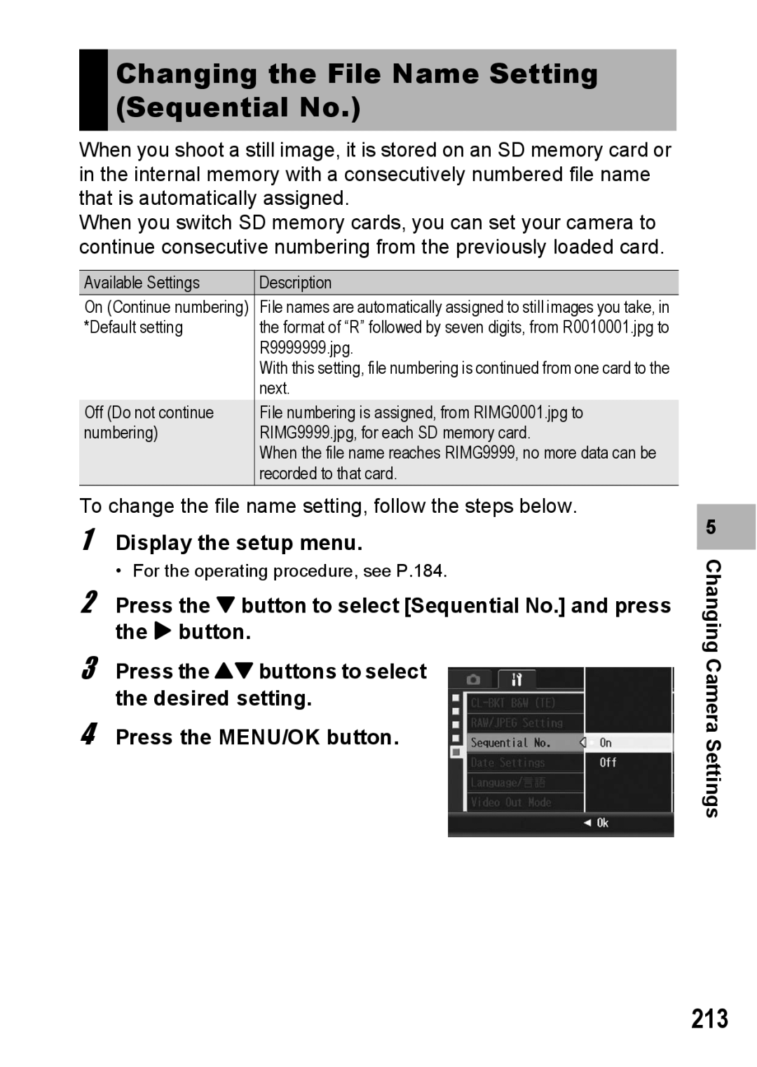 Ricoh GX200 manual Changing the File Name Setting Sequential No, 213 