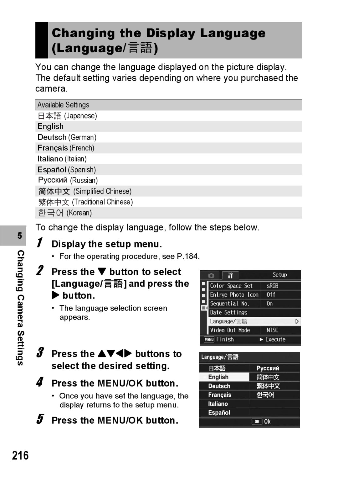 Ricoh GX200 manual Changing the Display Language Language/N, 216 