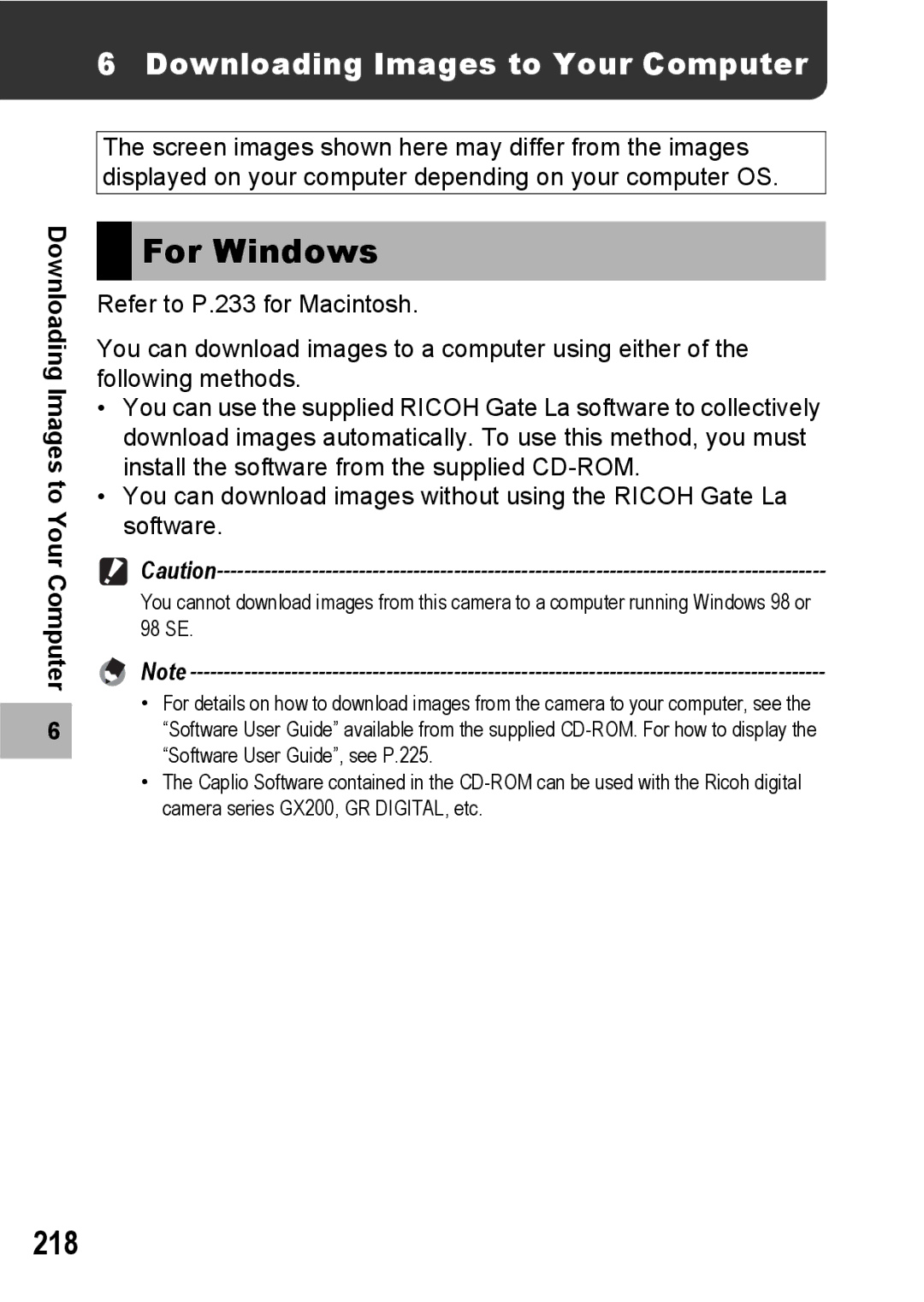 Ricoh GX200 manual For Windows, 218, Downloading Images to Your Computer 