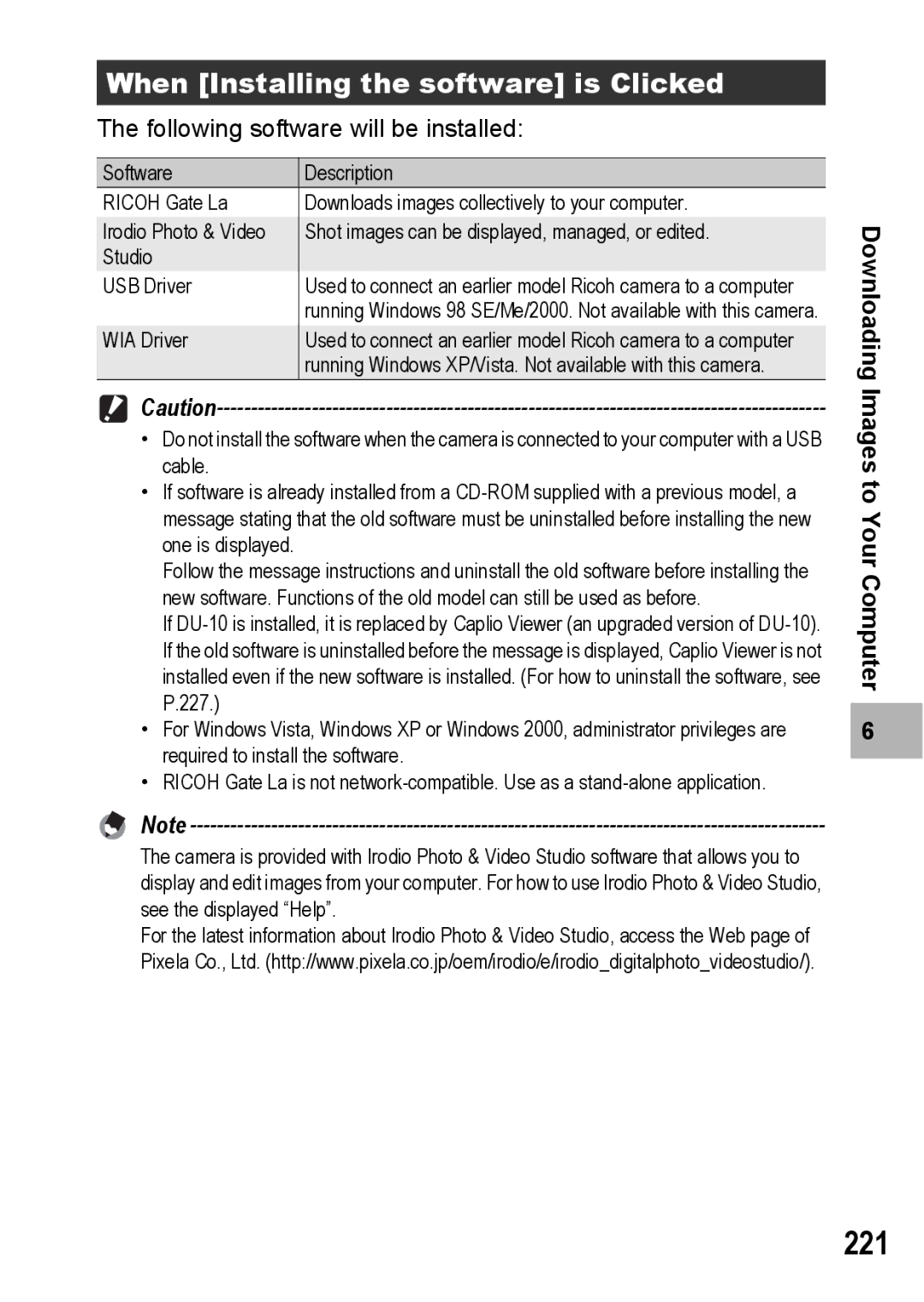 Ricoh GX200 manual 221, When Installing the software is Clicked 