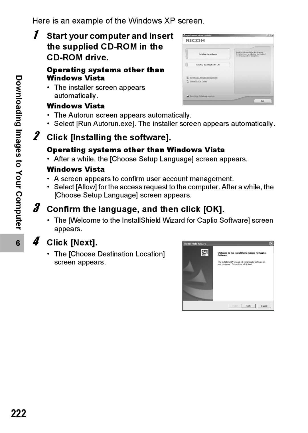 Ricoh GX200 manual 222, Click Installing the software, Confirm the language, and then click OK, Click Next 