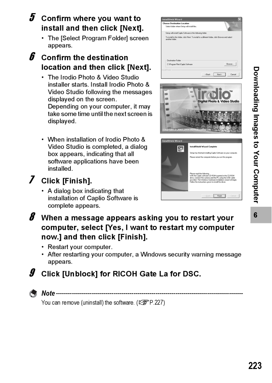 Ricoh GX200 manual 223, Confirm where you want to install and then click Next, Click Finish 