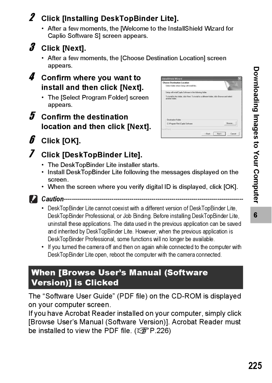 Ricoh GX200 manual 225, When Browse User’s Manual Software Version is Clicked, Click Installing DeskTopBinder Lite 