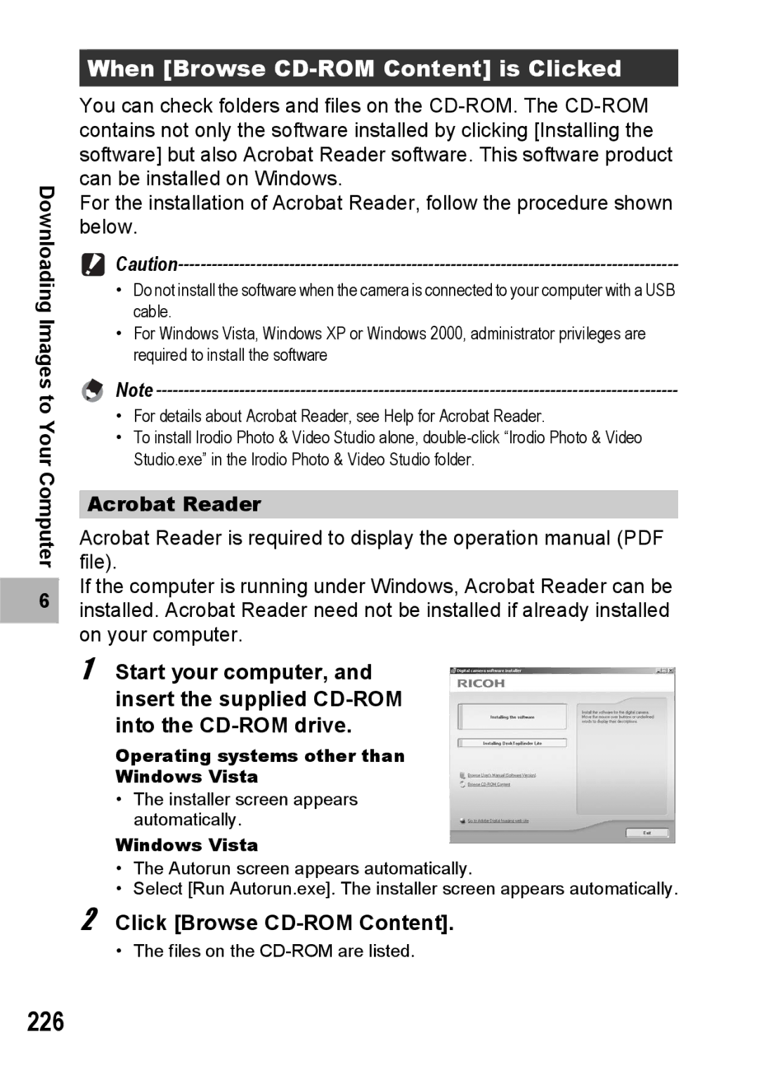 Ricoh GX200 manual 226, When Browse CD-ROM Content is Clicked, Acrobat Reader, Click Browse CD-ROM Content 