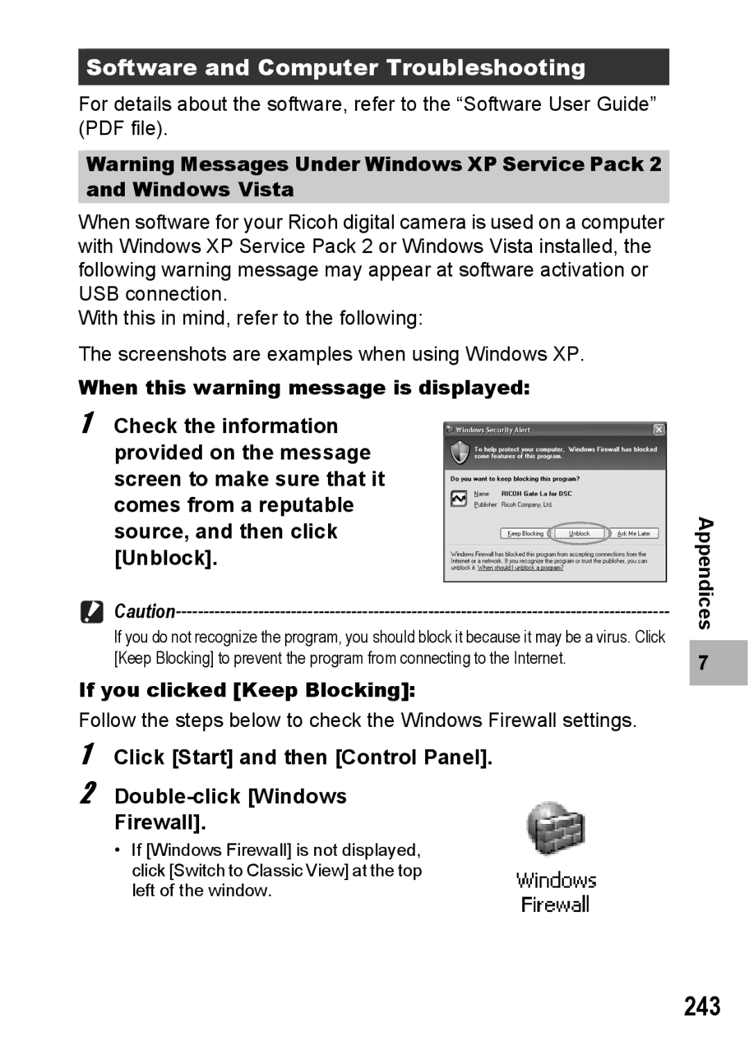 Ricoh GX200 manual 243, Software and Computer Troubleshooting, If you clicked Keep Blocking 