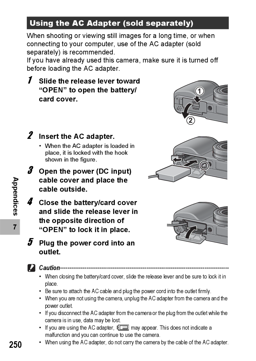 Ricoh GX200 manual Using the AC Adapter sold separately, Appendices Slide the release lever toward 