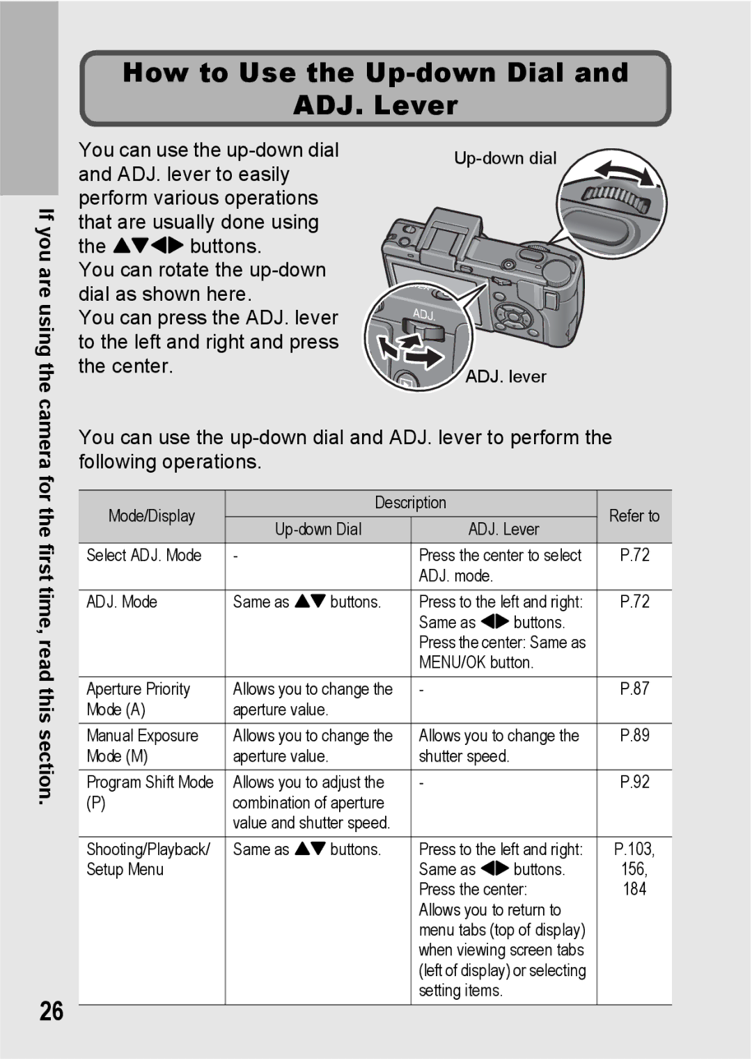 Ricoh GX200 manual How to Use the Up-down Dial ADJ. Lever, If you are using 