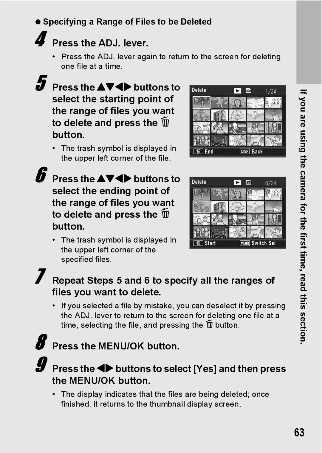 Ricoh GX200 manual Press the ADJ. lever, Specifying a Range of Files to be Deleted 