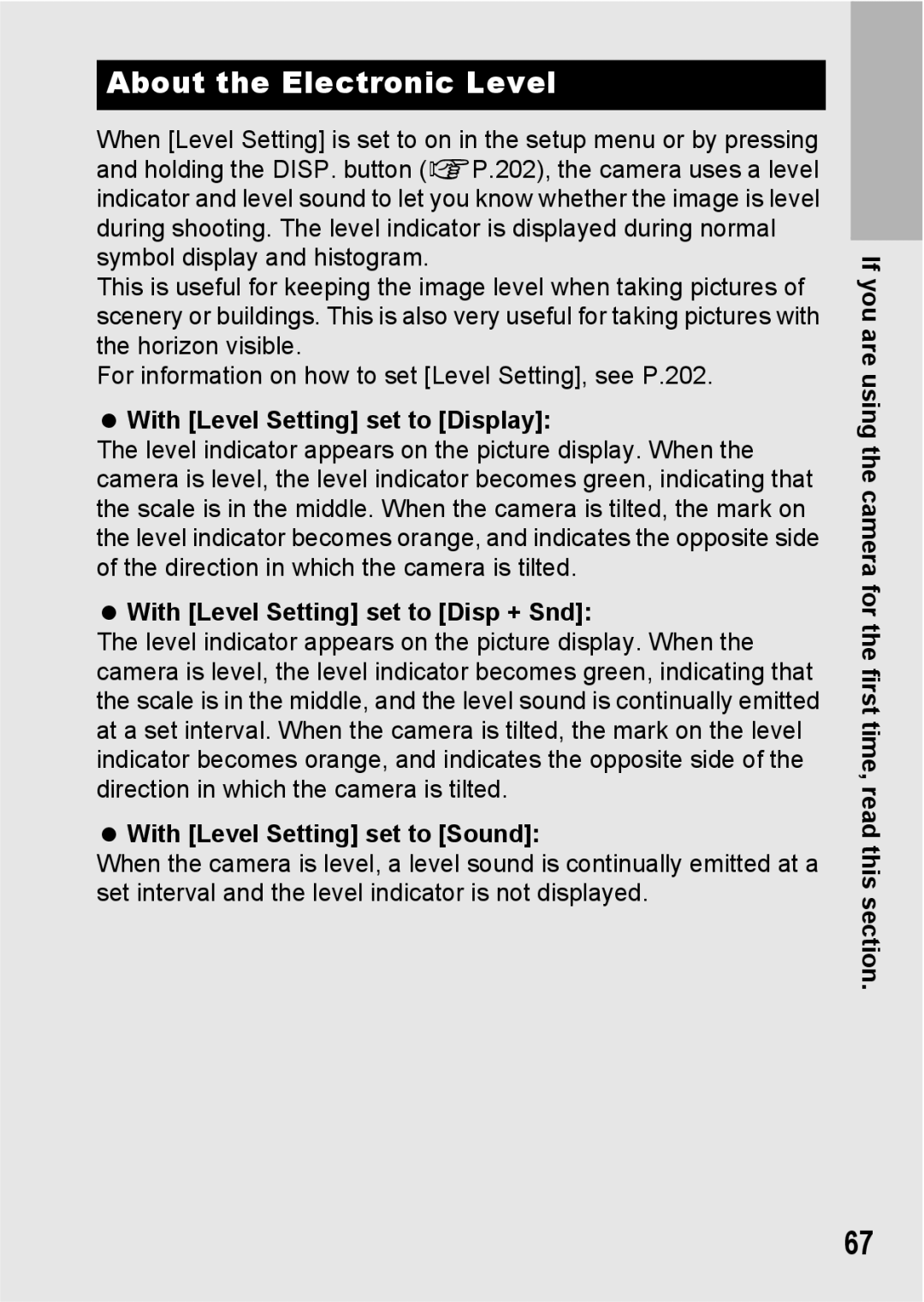 Ricoh GX200 manual About the Electronic Level, With Level Setting set to Display, With Level Setting set to Disp + Snd 