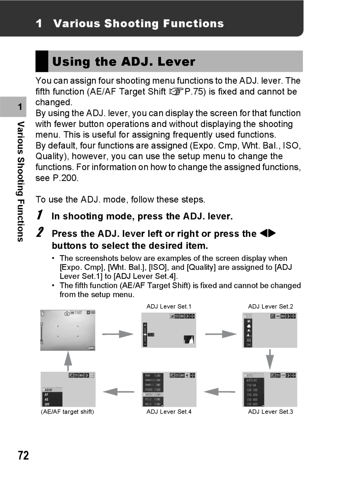 Ricoh GX200 manual Using the ADJ. Lever, Various Shooting Functions 