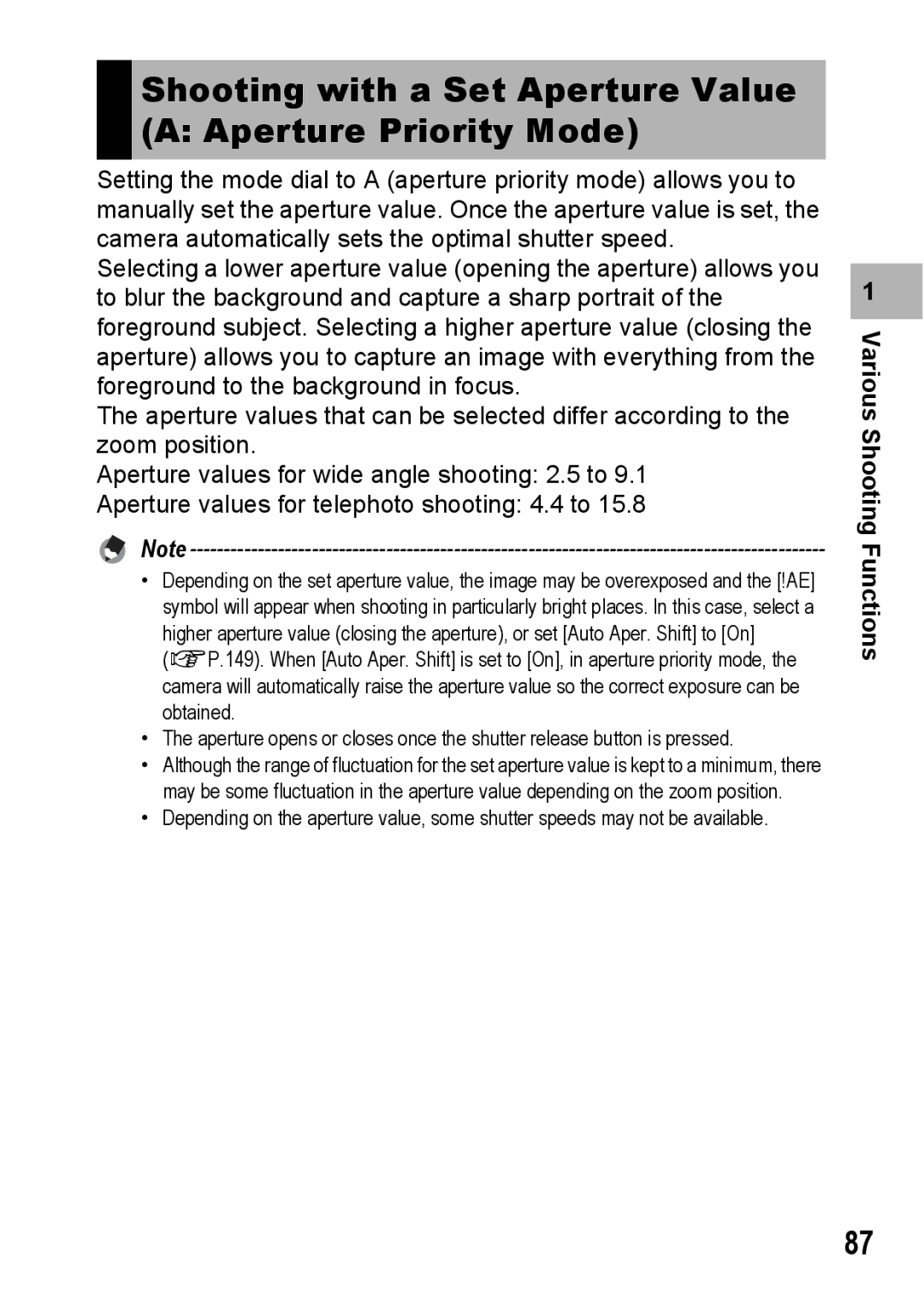 Ricoh GX200 manual Shooting with a Set Aperture Value a Aperture Priority Mode, Various Shooting Functions 