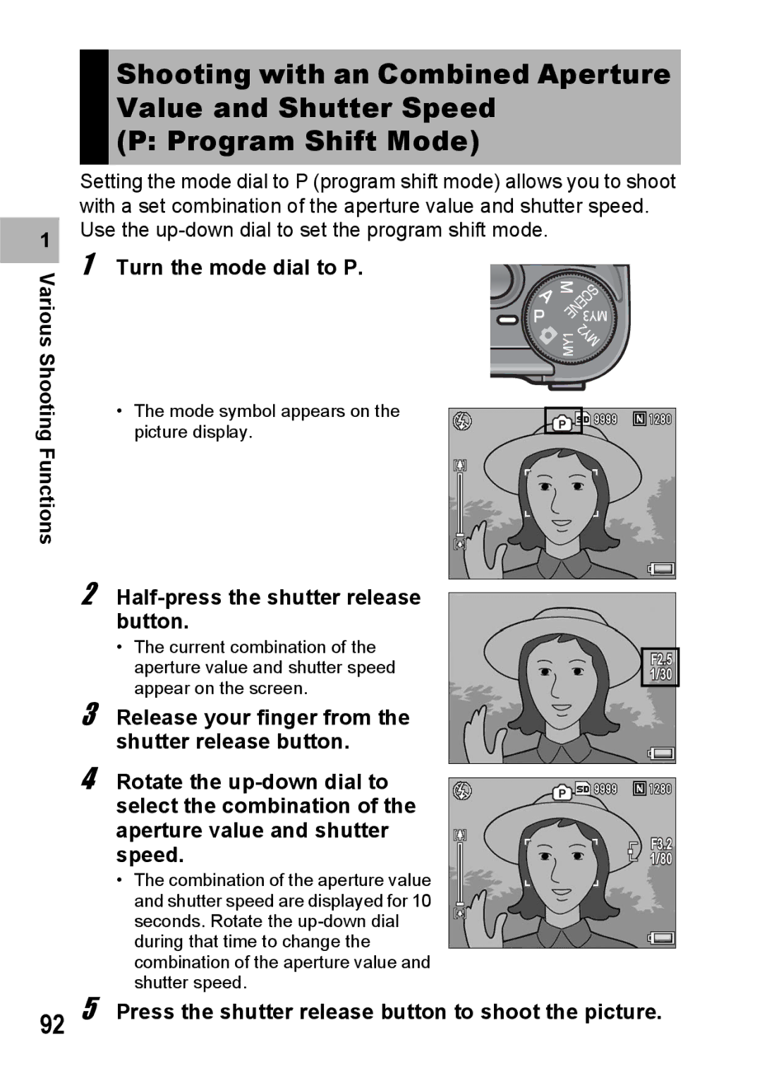 Ricoh GX200 manual Turn the mode dial to P Functions, 92 5 Press the shutter release button to shoot the picture 