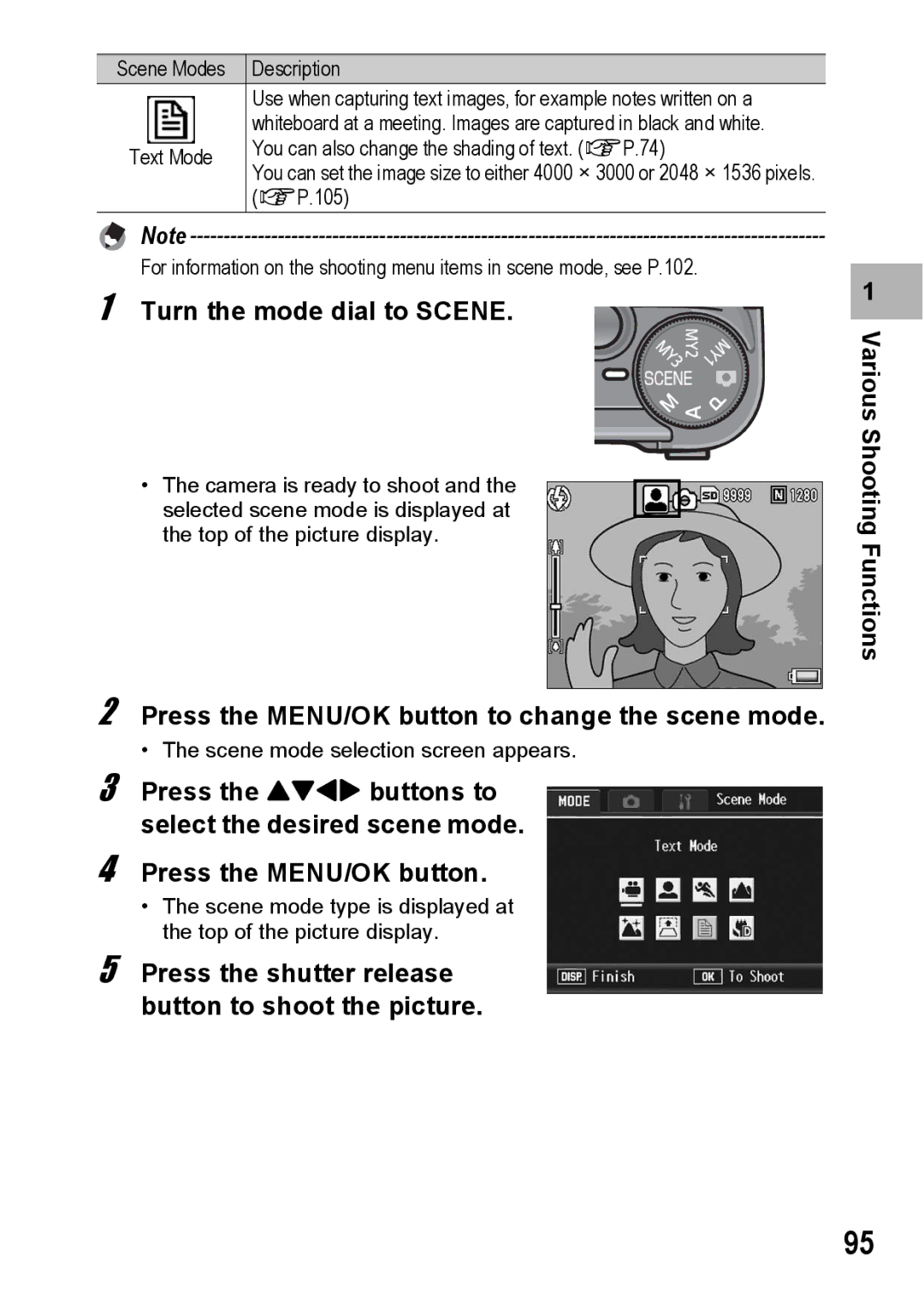 Ricoh GX200 manual Turn the mode dial to Scene, Press the MENU/OK button to change the scene mode 