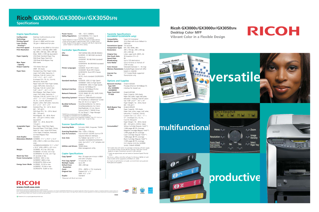 Ricoh GX3000SF, GX3050SFN specifications Engine Specifications, Controller Specifications, Scanner Specifications 