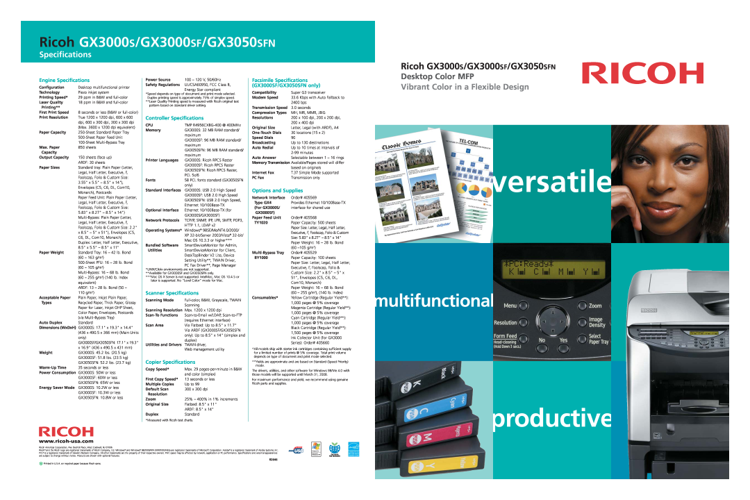Ricoh specifications versatile, productive, multifunctional, Ricoh GX3000S/GX3000SF/GX3050SFN, Specifications 