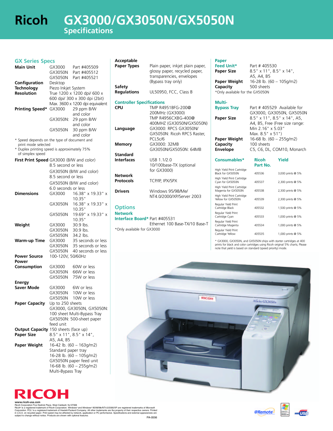 Ricoh Ricoh GX3000/GX3050N/GX5050N, GX Series Specs, Options, Controller Specifications, Network Interface Board 