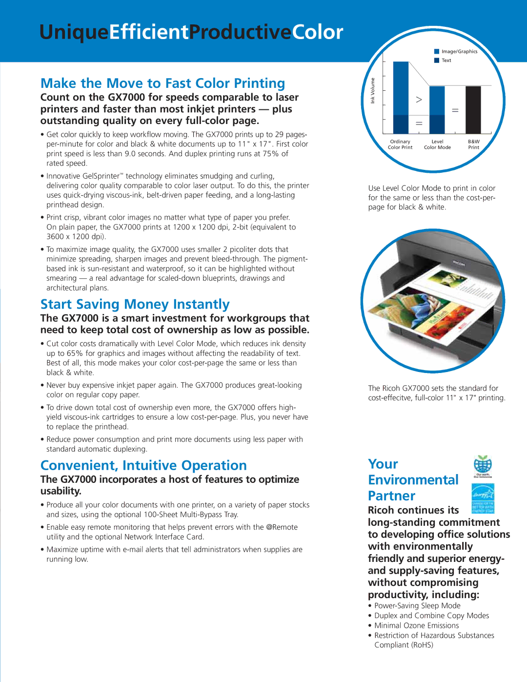 Ricoh GX7000 manual UniqueEfficientProductiveColor, Make the Move to Fast Color Printing 