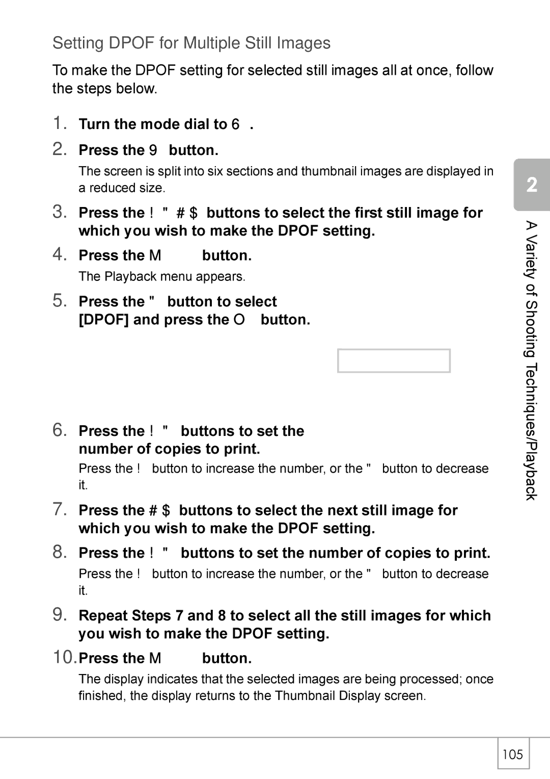 Ricoh GX8 manual Setting Dpof for Multiple Still Images, Turn the mode dial to Press the 9 button 