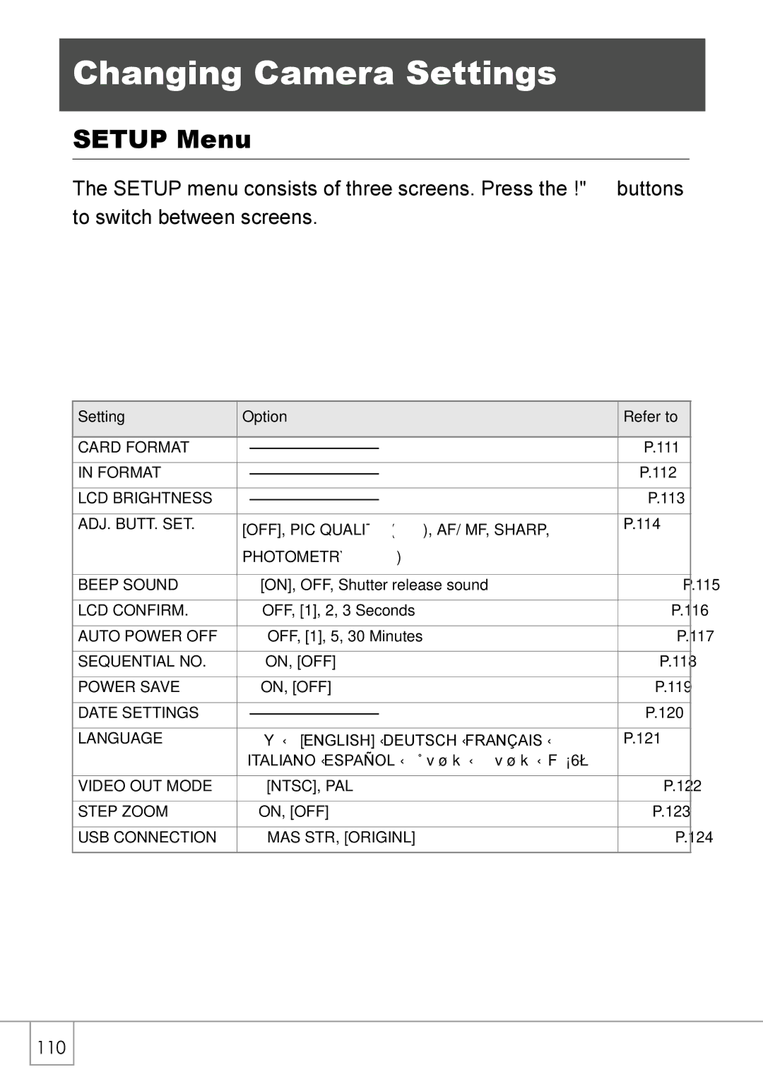 Ricoh GX8 manual Changing Camera Settings, Setup Menu 