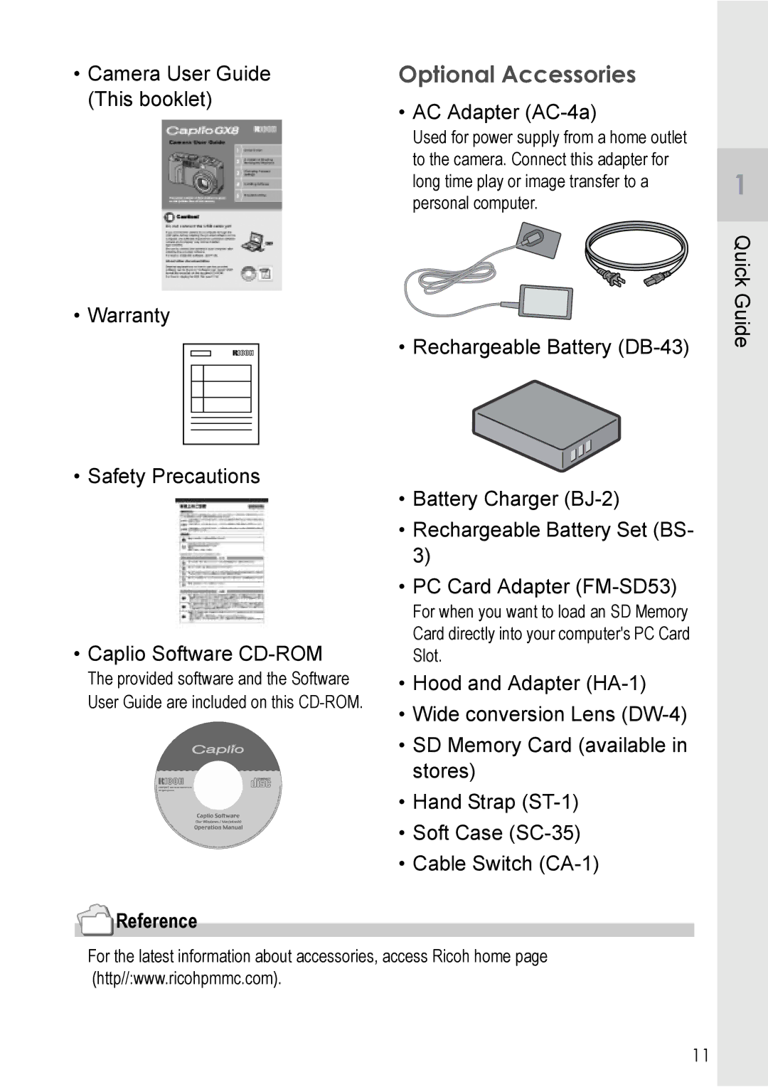 Ricoh GX8 manual Optional Accessories, This booklet AC Adapter AC-4a 