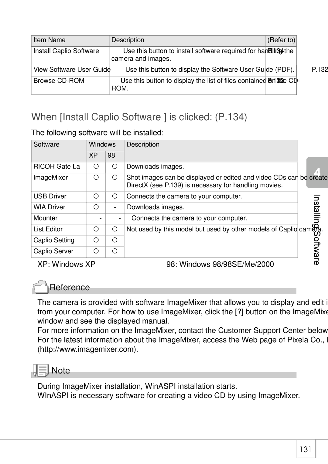 Ricoh GX8 manual When Install Caplio Software is clicked P.134, Following software will be installed 