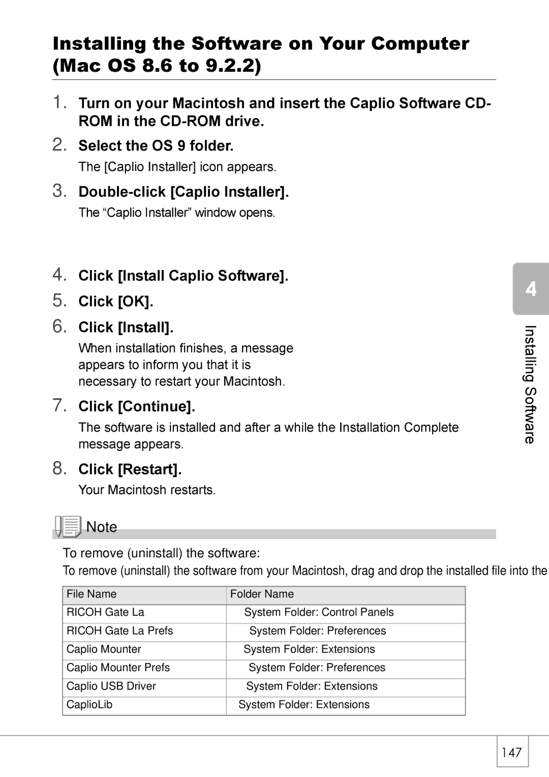 Ricoh GX8 manual Installing the Software on Your Computer Mac OS 8.6 to, Double-click Caplio Installer, Click Continue 