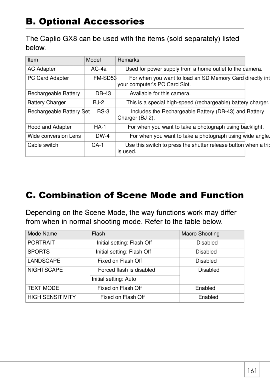 Ricoh GX8 manual Optional Accessories, Combination of Scene Mode and Function 