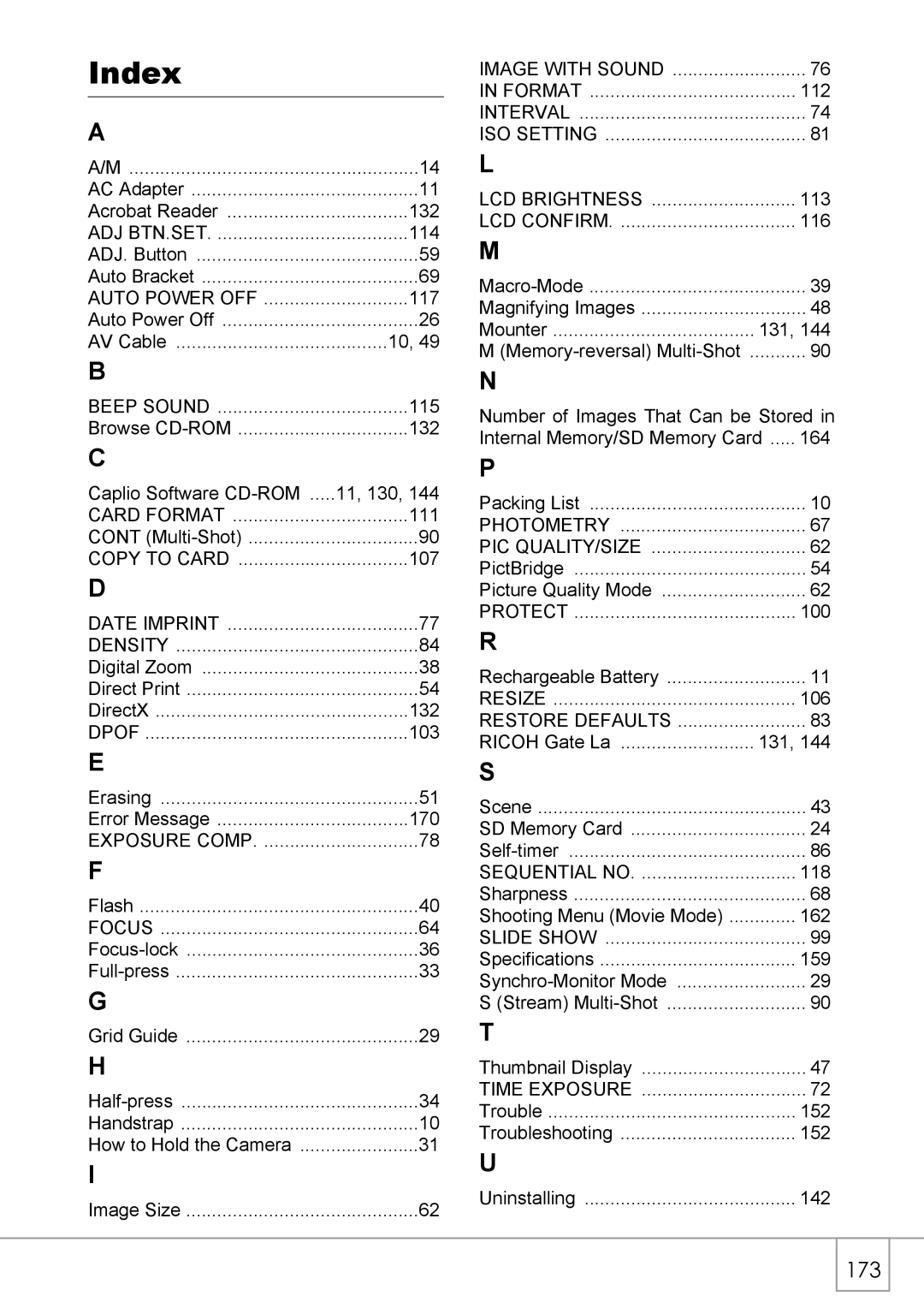 Ricoh GX8 manual Index, Focus 