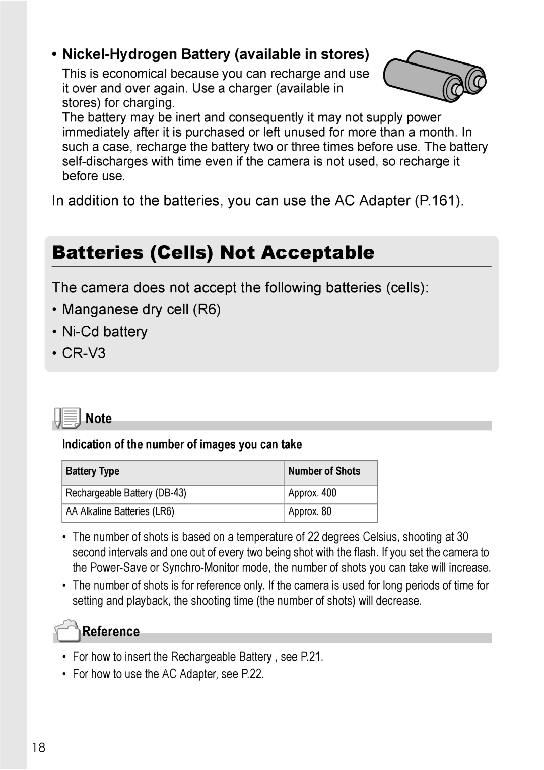 Ricoh GX8 manual Batteries Cells Not Acceptable, Nickel-Hydrogen Battery available in stores 