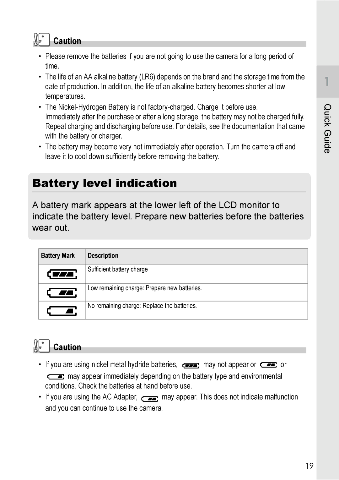 Ricoh GX8 manual Battery level indication, Battery Mark Description 