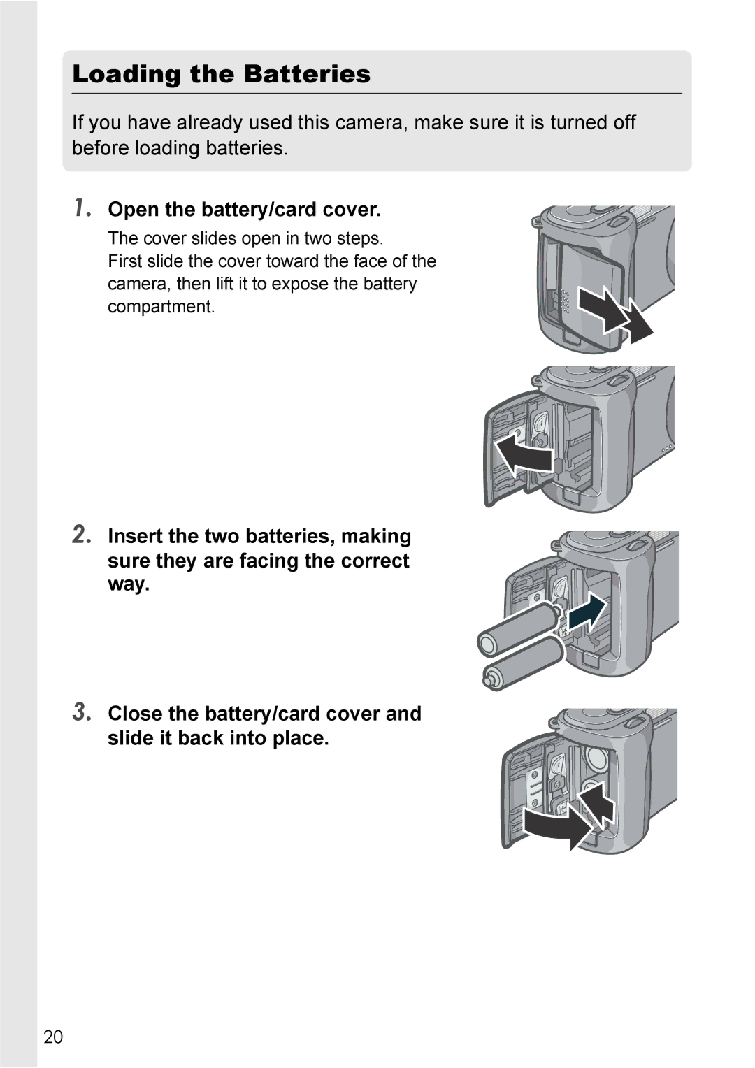 Ricoh GX8 manual Loading the Batteries, Open the battery/card cover 