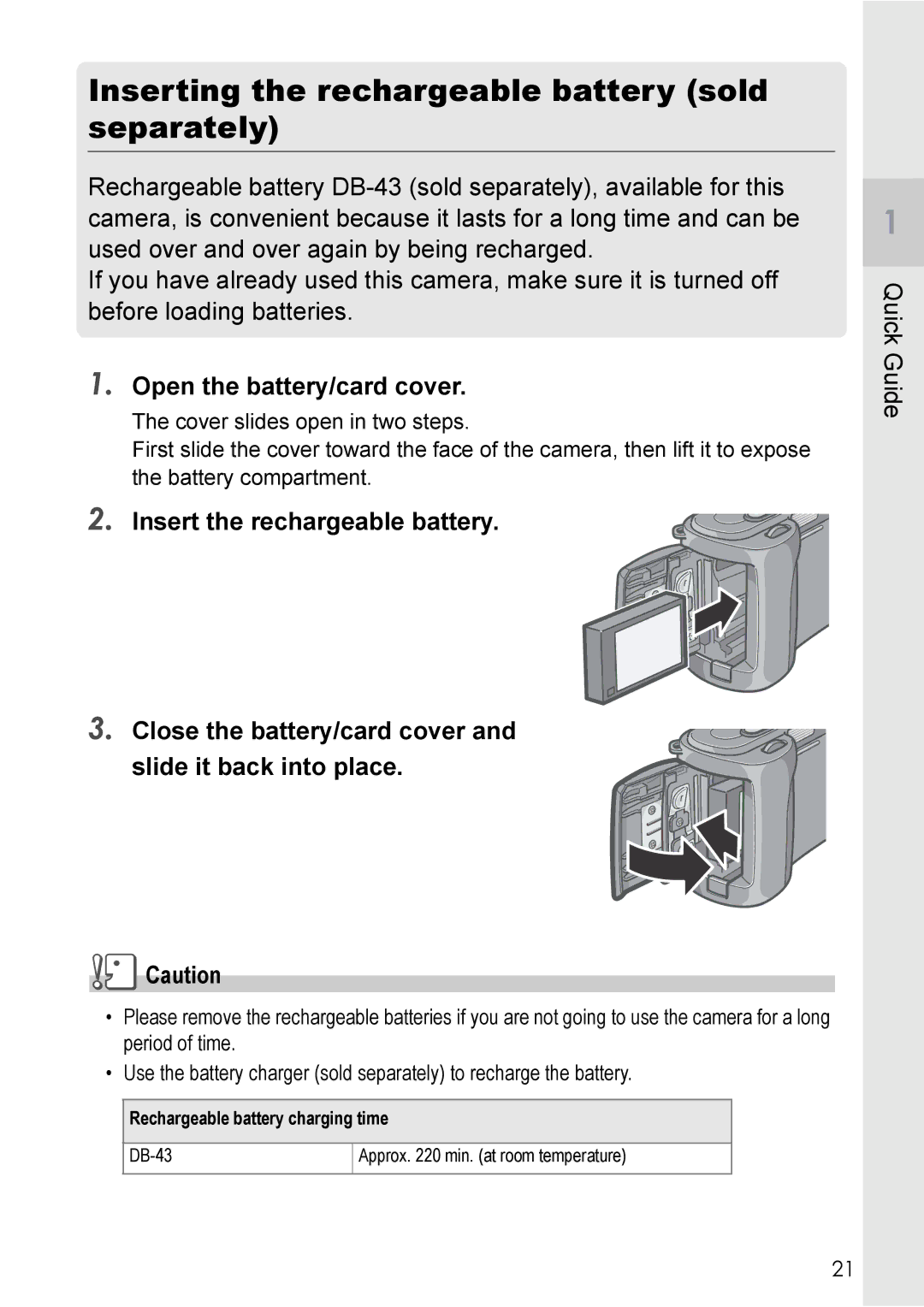 Ricoh GX8 manual Inserting the rechargeable battery sold separately 