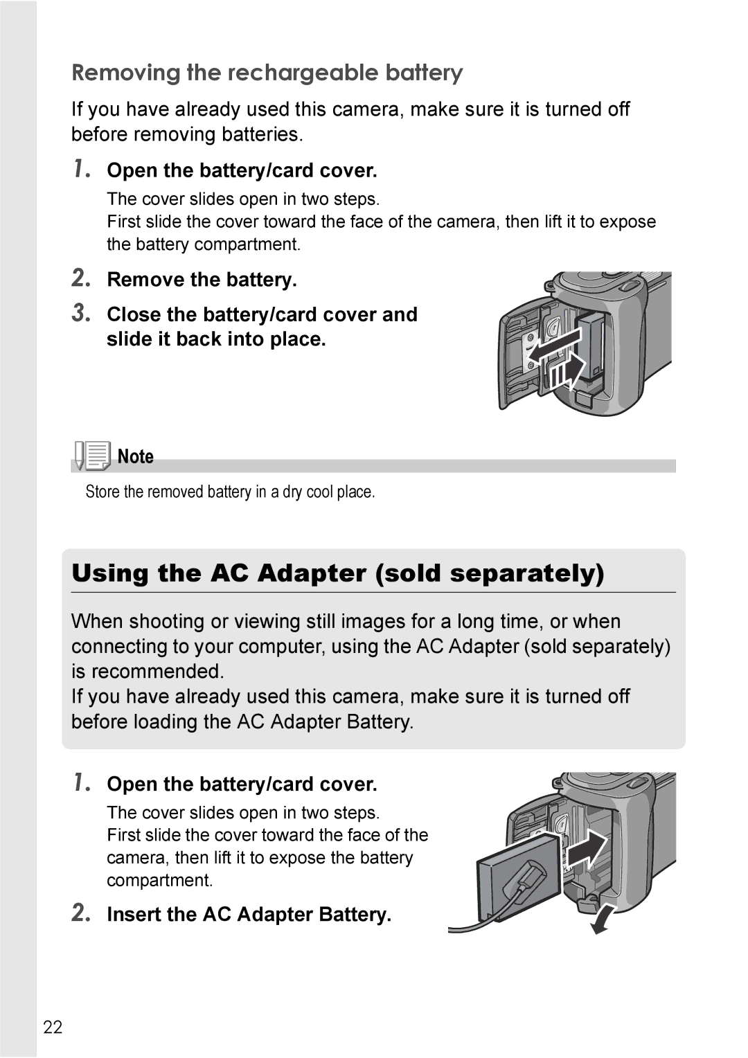 Ricoh GX8 manual Using the AC Adapter sold separately, Removing the rechargeable battery, Insert the AC Adapter Battery 